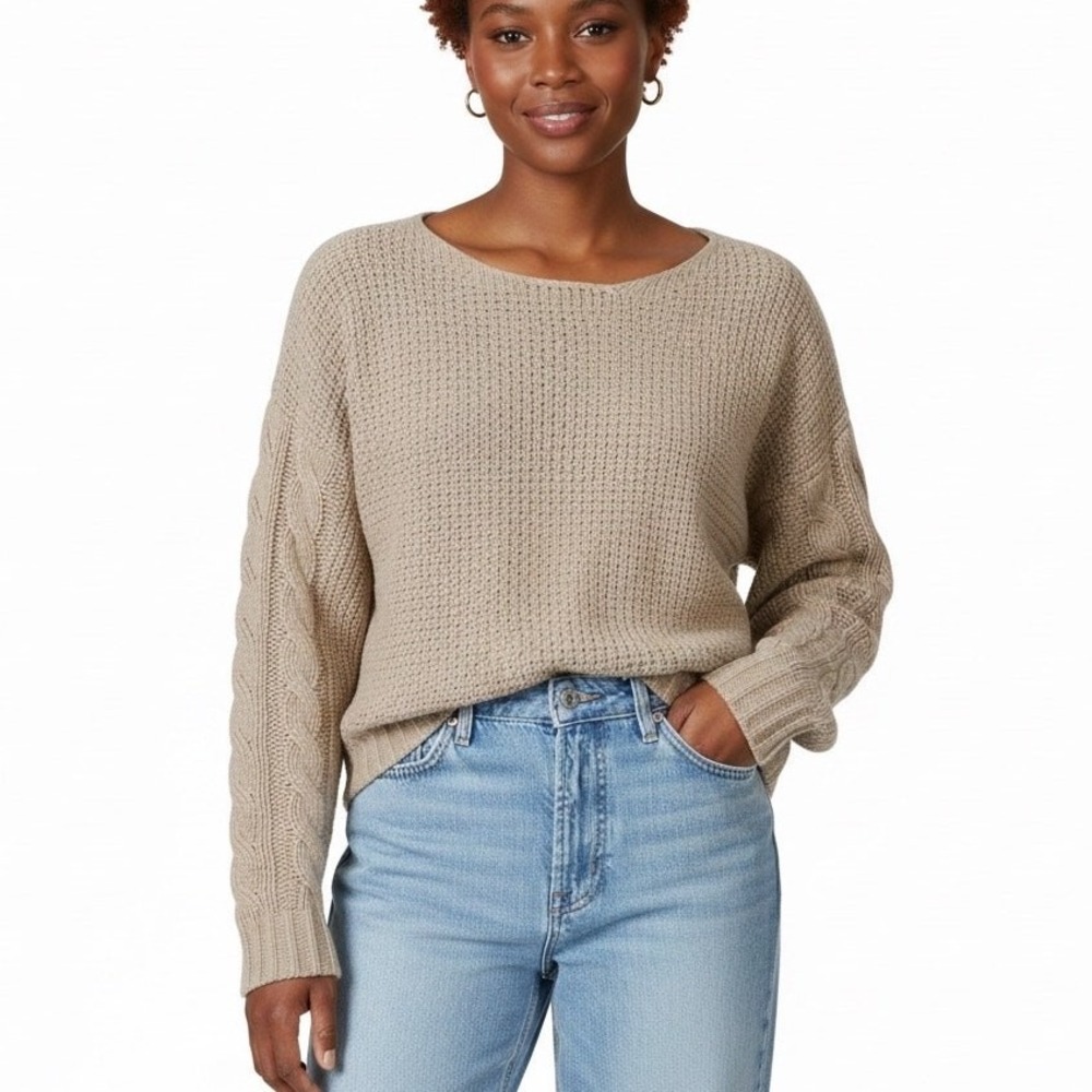 Poof Apparel Cable Knit Chenille Sweater Tan Boho Cozy Pullover Size M
